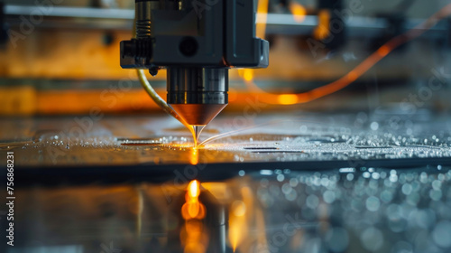 A detailed shot of a metal 3D printer nozzle deposits a thin line of molten plastic onto the printing bed. The nozzle is slightly pressed onto the bed pushing the boundaries