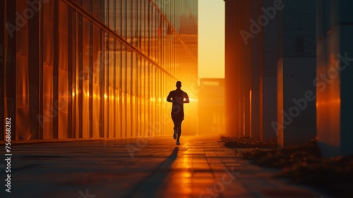 Running at dawn in a modern urban corridor
