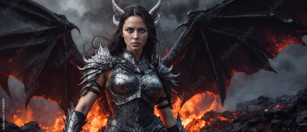 Portrait of a fierce female dragon born Valkyrie warrior with piercing blue eyes and clad in scarred silver battle armor with black wings, standing in battle with flames and smoke surrounding her. Portrait of a fierce female dragon born Valkyrie warrior with piercing blue eyes and clad in scarred silver battle armor with black wings, standing in battle with flames and smoke surrounding her.