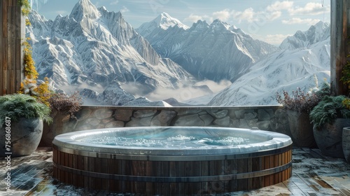 Tranquil hot tub overlooks a snowy mountain vista.