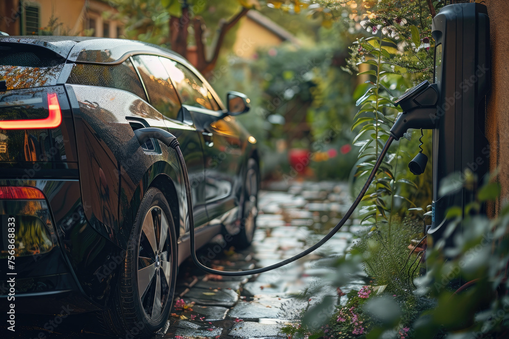 a black car is plugged into a charging station by AI generated image