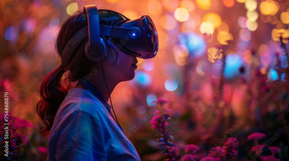 Person in VR headset immersed in a colorful virtual world. Person in VR headset immersed in a colorful virtual world.
