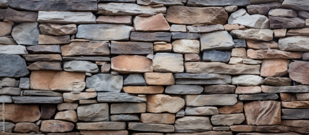 A closeup of a brown stone wall made of different types of rocks including rectangular bricks, cobblestones, and composite materials A closeup of a brown stone wall made of different types of rocks including rectangular bricks, cobblestones, and composite materials