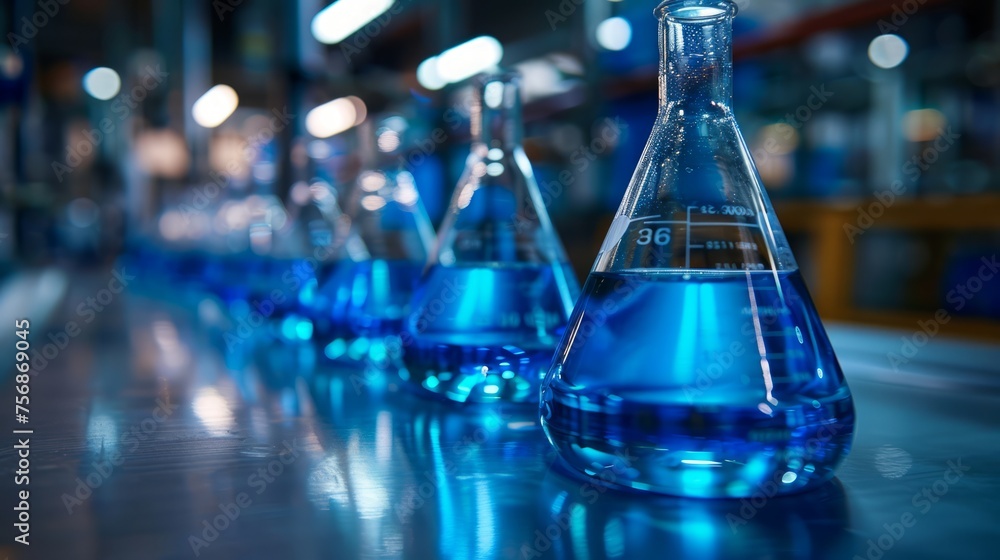 Laboratory flasks filled with blue reagent on reflective surface. Laboratory flasks filled with blue reagent on reflective surface.
