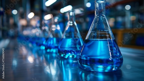 Laboratory flasks filled with blue reagent on reflective surface.
