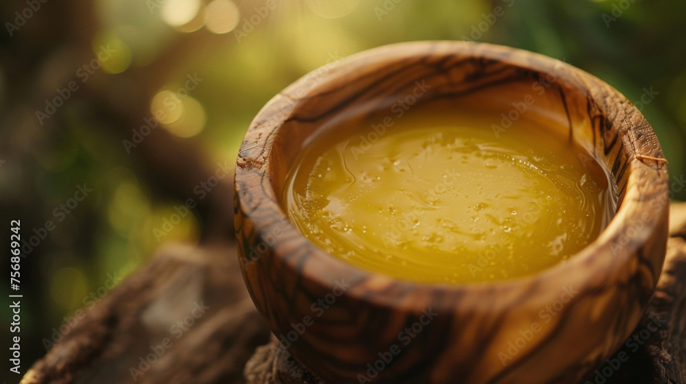 A closeup of a wooden bowl filled with a homemade salve made from natural ingredients such as beeswax and infused oils. This salve is often used to treat skin irritations - obrazy, fototapety, plakaty 