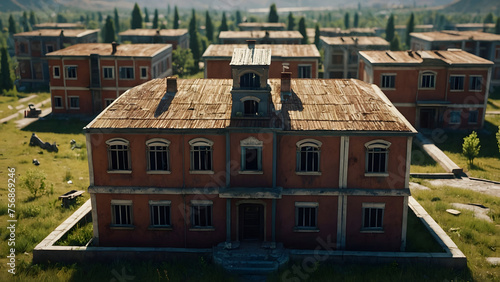 A forsaken red building stands in disrepair, its exterior overgrown with vegetation, hinting at stories untold photo