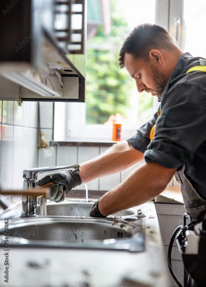 Professional Plumber Fixing Kitchen Sink Faucet. Home Plumbing Repair and Maintenance Service by Skilled Tradesperson in Modern Kitchen Setting Professional Plumber Fixing Kitchen Sink Faucet. Home Plumbing Repair and Maintenance Service by Skilled Tradesperson in Modern Kitchen Setting