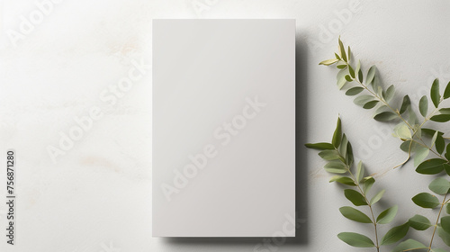 empty white vertical rectangle poster mockup with leaves on white background © pjdesign