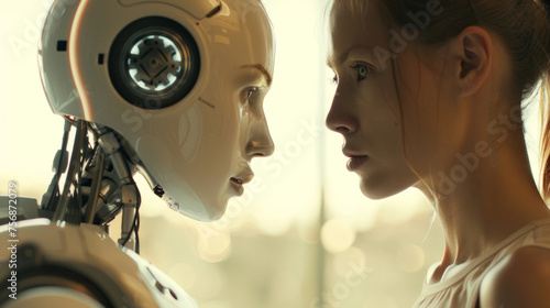 Soft music plays in the background as a woman interacts with a robot that appears to be listening intently its posture mirroring that of a friend confiding in another.