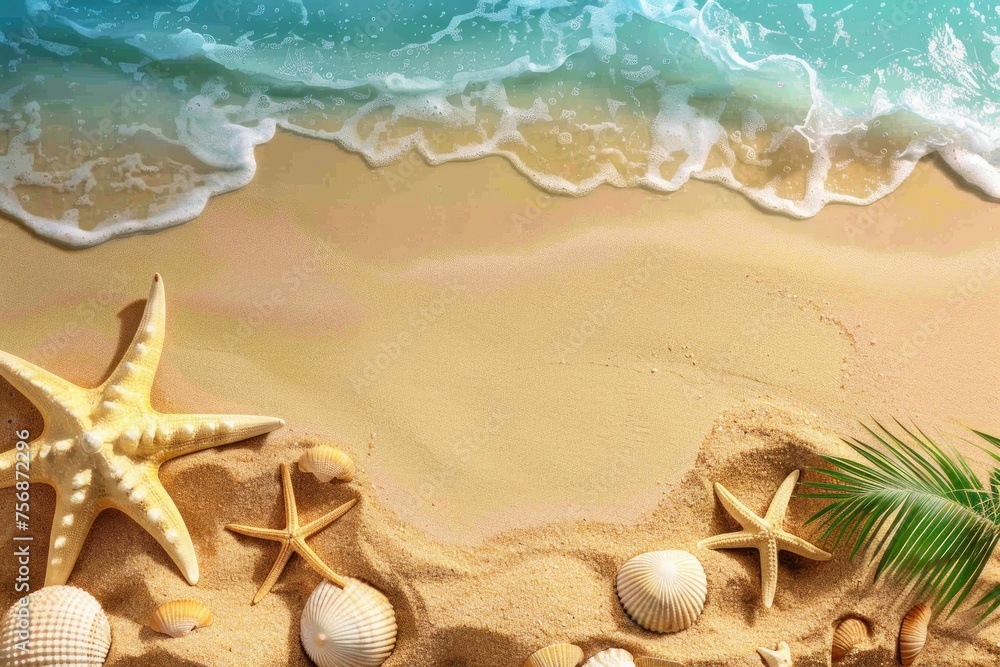 Top view sand beach background with beach vacation symbols. Generative AI. Top view sand beach background with beach vacation symbols. Generative AI.
