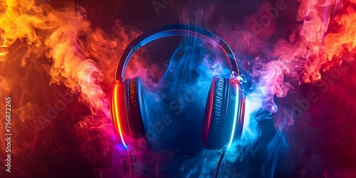 Explosive Display of Vibrant Headphones with Colorful Firework Effects. Concept Vibrant Headphones, Colorful Fireworks, Explosive Display, Music Accessories, Stylish Tech Gadgets