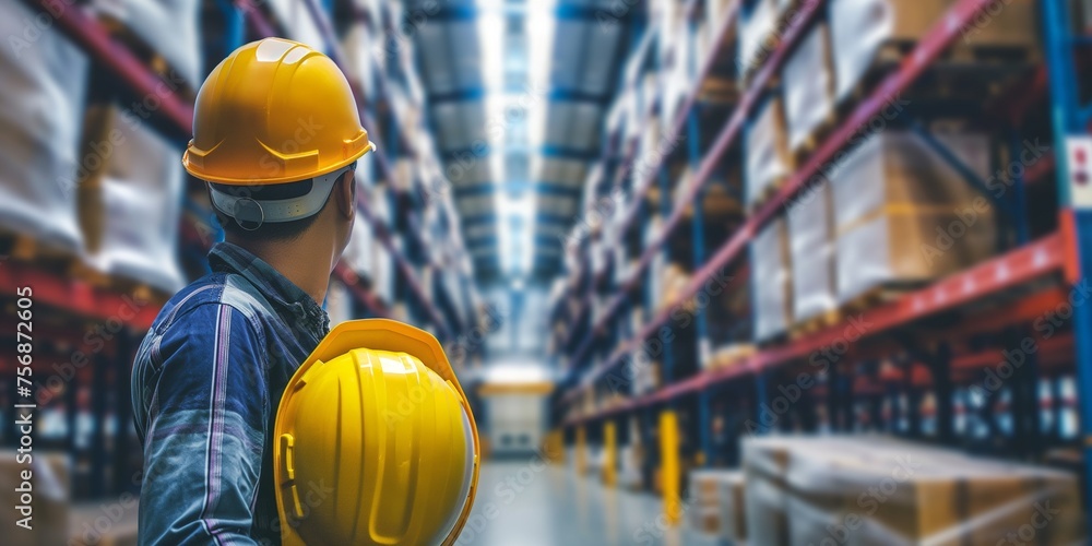Concept of Business Logistics In order to ensure worker security with modern trade warehouse logistics, an engineer or worker should wear a yellow helmet twice. - obrazy, fototapety, plakaty 