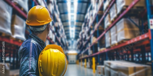 Concept of Business Logistics In order to ensure worker security with modern trade warehouse logistics, an engineer or worker should wear a yellow helmet twice. photo