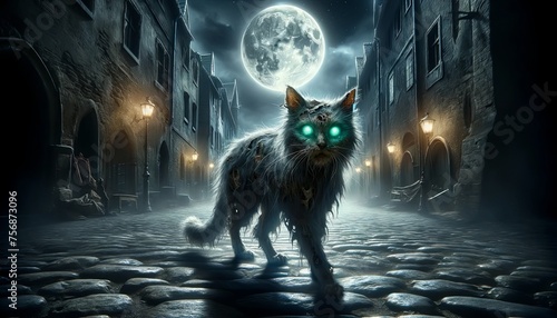 A spooky cat with bright green eyes stands on a moonlit cobblestone street, exuding an eerie atmosphere.