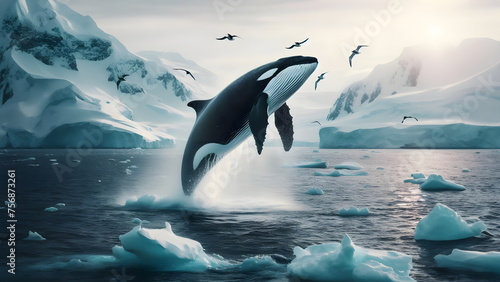 a large black and white whale jumping out of the water, killer whale photo