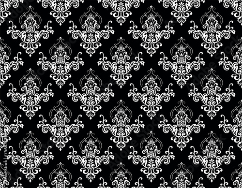 Wallpaper in the style of Baroque. Seamless vector background. White and black floral ornament. Graphic pattern for fabric, wallpaper, packaging. Ornate Damask flower ornament