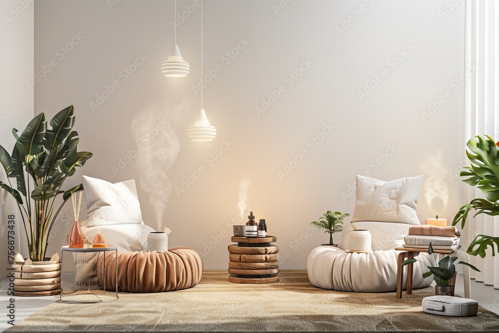 Serene aromatherapy room with essential oil diffusers, soft lighting, and comfortable seating, offering aromatherapy treatments for relaxation and stress relief, on isolated white background, Generati - obrazy, fototapety, plakaty 