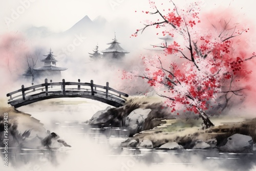 Capture the essence of Japanese brush painting with a sumi-e background, showcasing elements like pathways, Generative AI