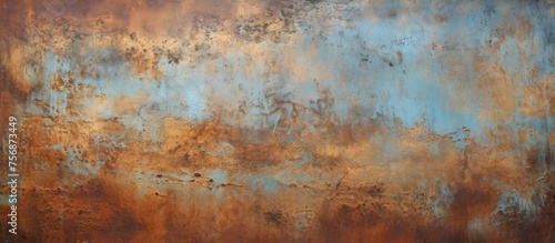 An artistic close up of a rusty metal wall against a blue sky, highlighting the natural landscape with tints of brown, woodlike pattern, and shades