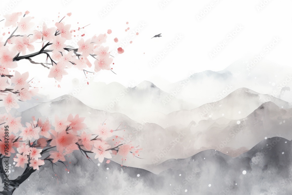 Immerse your design in the elegance of Japanese culture with a traditional sumi-e painting background, featuring delicate, Generative AI