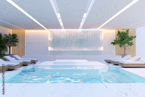 Serene hydrotherapy pool area with cascading water features, tranquil lighting, and comfortable loungers, providing therapeutic benefits for relaxation and muscle relief, on isolated white background, © Box Milk