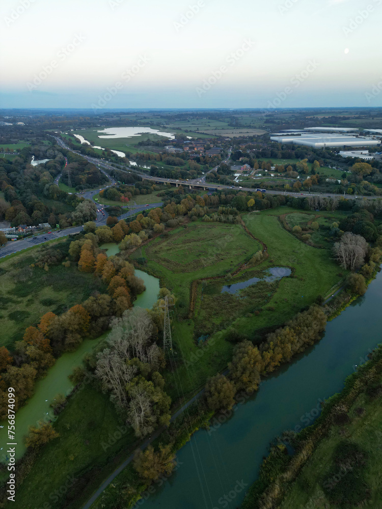 Aerial View of British Countryside Landscape of Northampton, England UK