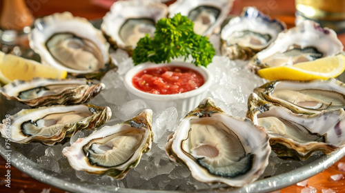A platter of freshly shucked oysters carefully arranged on a bed of ice and garnished with lemon wedges and tail sauce. photo