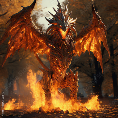 A fiery mythical being  ablaze with otherworldly power and ethereal flames  dances within the realms of legend