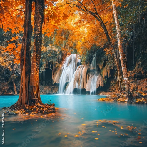Waterfall in autumn forest at Erawan National Park  Thailand