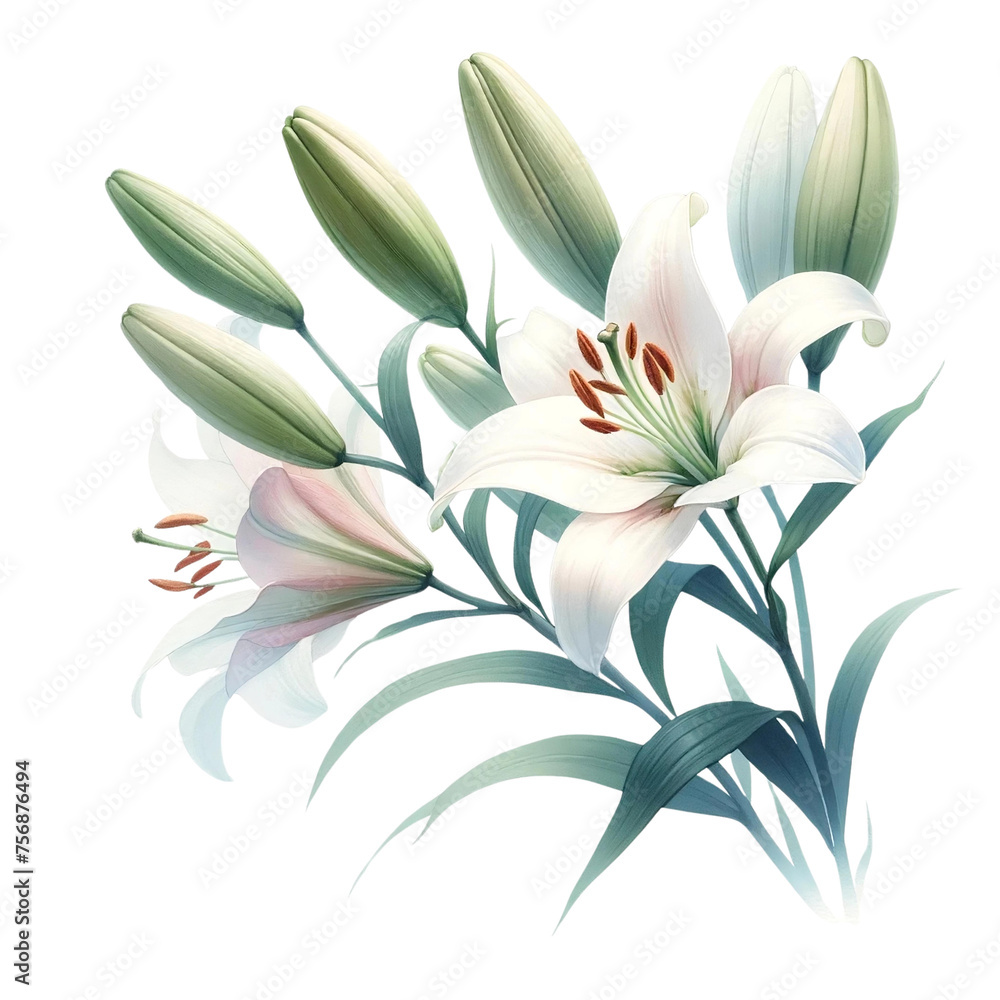 Elegant White Lily Watercolor Illustration
