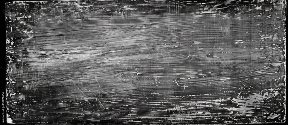 Obraz premium A monochrome photo of a chalkboard with a landscape pattern drawn on it. The grey shades create an atmospheric phenomenon, contrasting with the wooden frame and grass flooring
