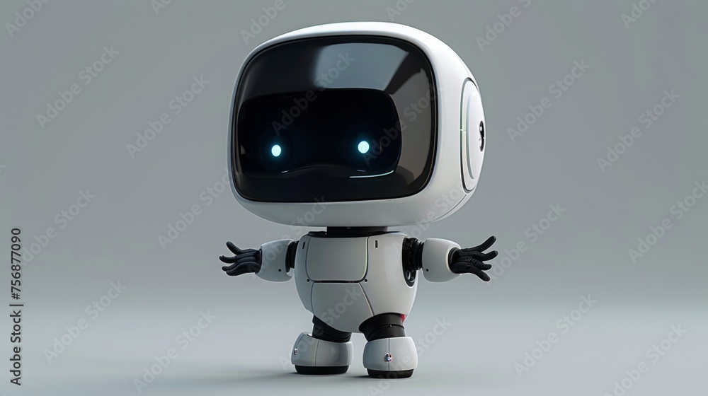 A little cute robot, white robot, eyes smile, big head, small body, lively movementsy, raised arms, spreading his hands to introduce, full-body shot A little cute robot, white robot, eyes smile, big head, small body, lively movementsy, raised arms, spreading his hands to introduce, full-body shot