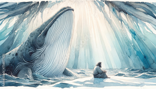 Jonah and the Whale. Watercolor illustration of a man looking at a whale in the ocean and praying. Digital illustration.