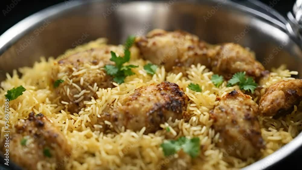 Chicken Biryani with Fragrant Basmati and Exotic Spices, food stock video, boryani video, festival food, seamless looping, 4k video looping, dinner stock videos, food recipes, youtube videos, stock ai Chicken Biryani with Fragrant Basmati and Exotic Spices, food stock video, boryani video, festival food, seamless looping, 4k video looping, dinner stock videos, food recipes, youtube videos, stock ai