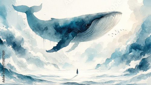 Jonah and the Whale. Watercolor illustration of a blue whale swimming in the sea with a man in the background. Digital illustration.