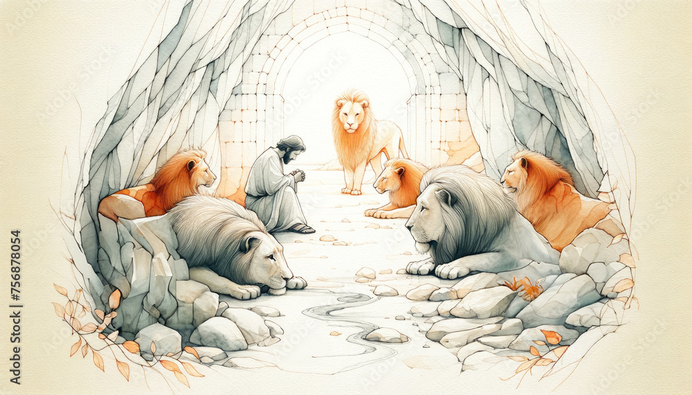 Daniel in the lions' den. Daniel and the Very Hungry Lions. Digital illustration. - obrazy, fototapety, plakaty 