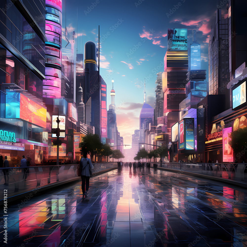 A cityscape with holographic advertisements.
