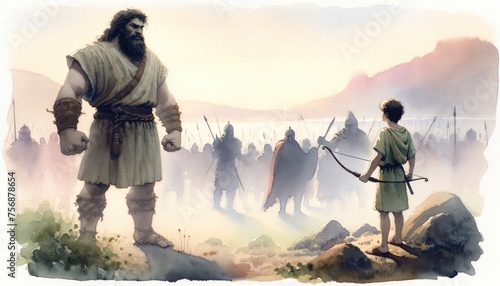 David and Goliath. Digital painting of an ancient warrior with a giant standing in front of him. Digital illustration.
