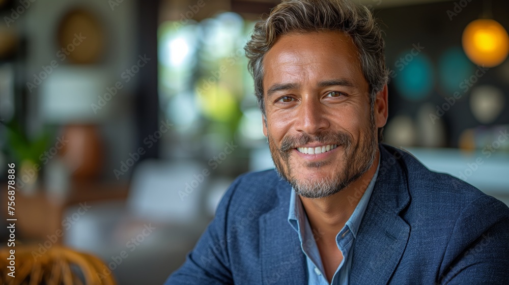 Fototapeta premium Portrait of a business man sitting in an office. Work gonna better. Successful business man choose a plan. Work concept. Office concept. Success concept. Man concept. Portrait concept.