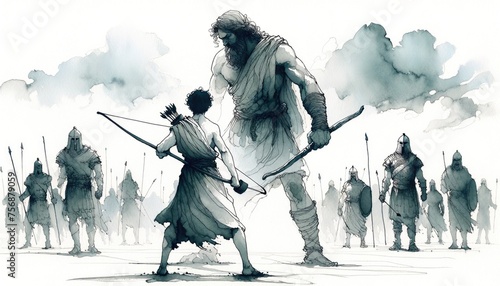 David and Goliath. Digital watercolor painting of an ancient warrior with a giant standing in front of him. Digital illustration. photo