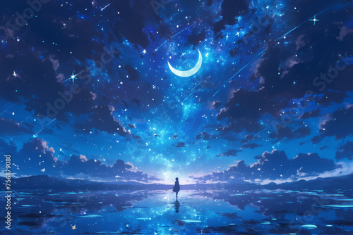 Illustration of girl silhouette under shooting stars in the Milky Way starry sky at night on the seaside