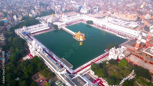 The Golden Temple also known as the Harimandir Sahib Aerial view by DJI mini3Pro Drone city of Amritsar, Punjab, India.