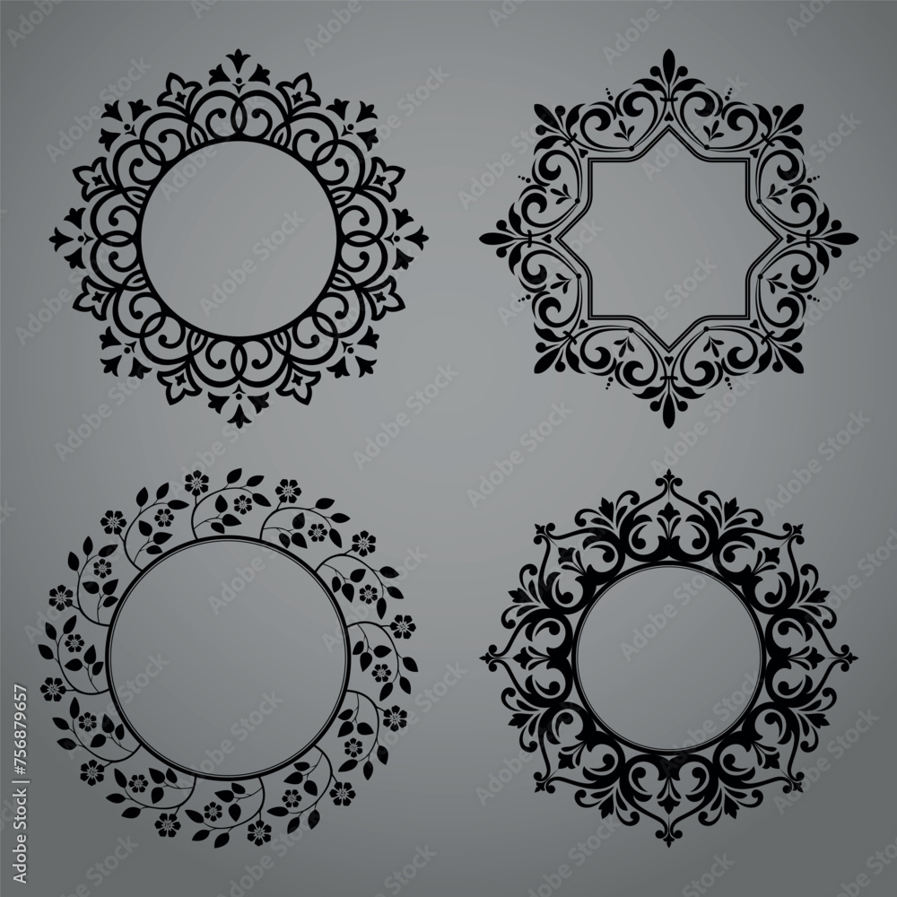 Set of decorative frames Elegant vector element for design in Eastern style, place for text. Floral black and gray borders. Lace illustration for invitations and greeting cards Set of decorative frames Elegant vector element for design in Eastern style, place for text. Floral black and gray borders. Lace illustration for invitations and greeting cards