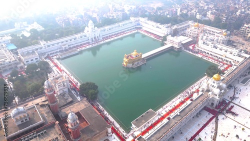 The Golden Temple also known as the Harimandir Sahib Aerial view by DJI mini3Pro Drone city of Amritsar, Punjab, India. © shalender