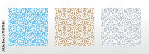 Wallpapers in the style of Baroque. Seamless vector backgrounds. Set of colored floral ornaments. Graphic patterns for fabric, wallpaper, packaging. Ornate Damask flower ornaments