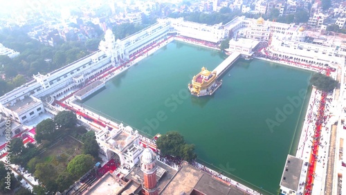 The Golden Temple also known as the Harimandir Sahib Aerial view by DJI mini3Pro Drone city of Amritsar  Punjab  India.