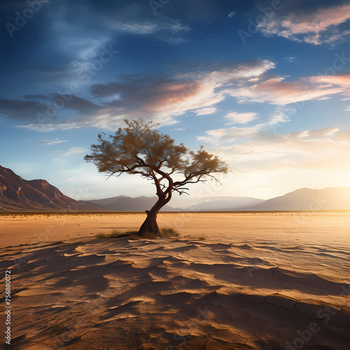 A lone tree in the middle of a vast desert.
