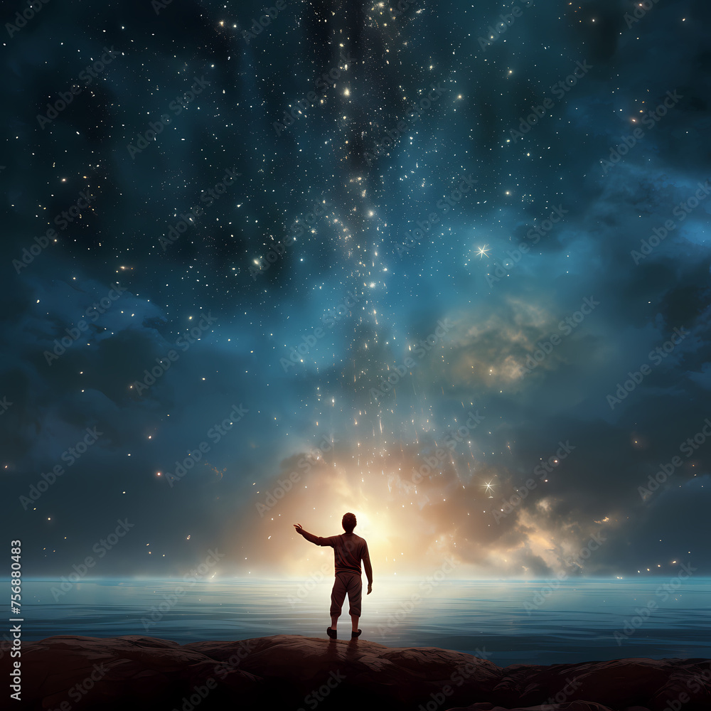 A person reaching towards a star-filled sky. 