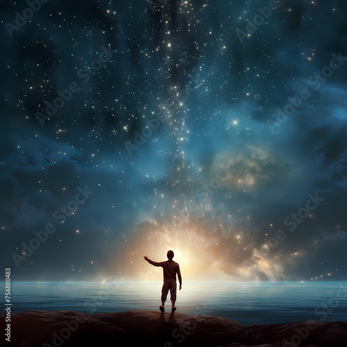 A person reaching towards a star-filled sky. 